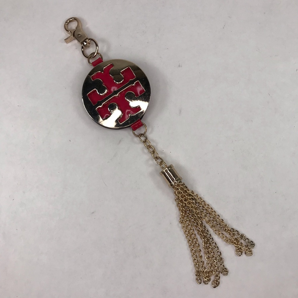 Tory Burch Pink Patent Leather Double T Gold Tassel Bag Charm FOB Key Chain